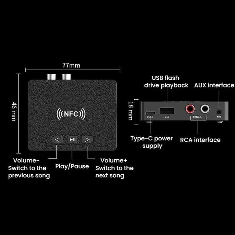 Car Bluetooth audio adapter with NFC and volume/play controls, USB, AUX, RCA ports