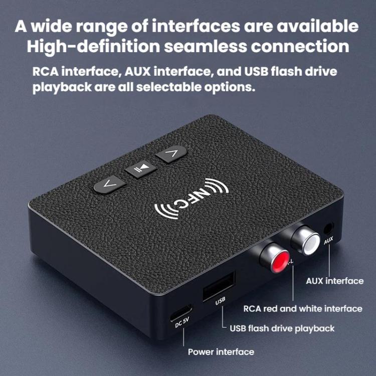 Black Bluetooth audio receiver with RCA red/white, AUX, and USB ports