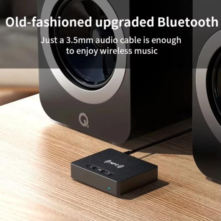 Black Bluetooth audio receiver with 3.5mm AUX connection and control buttons