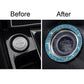 Car engine start button with blue rhinestone ring sticker, before/after