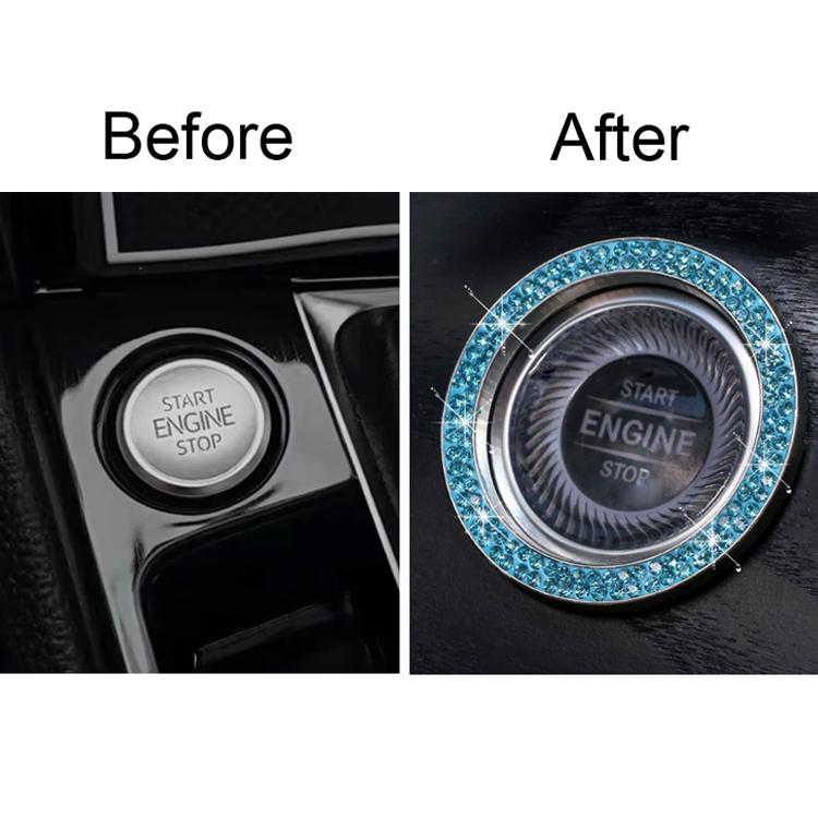 Car engine start button with blue rhinestone ring sticker, before/after
