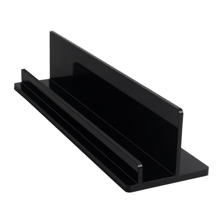 Black acrylic record storage rack with open tray and raised side walls