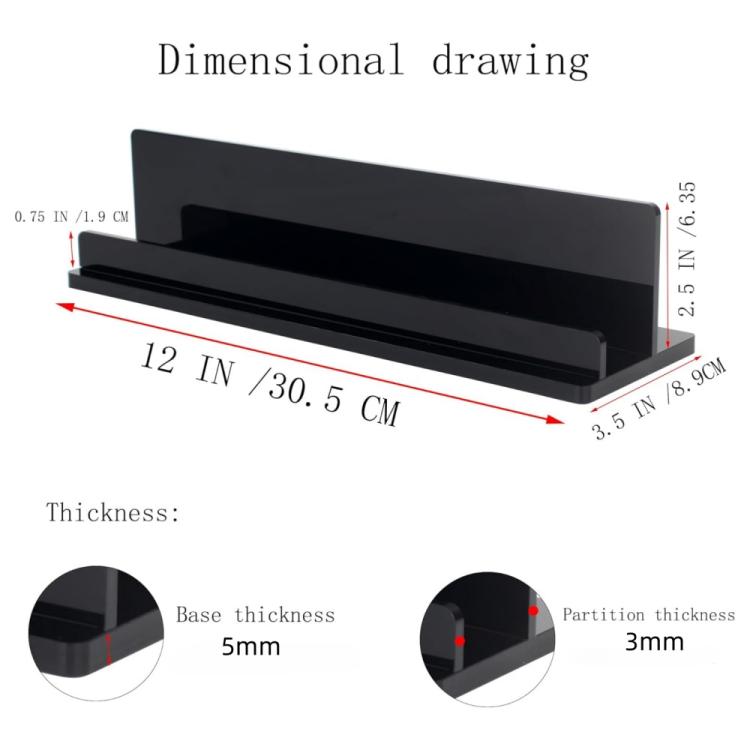 Acrylic record rack dimensions: 12 in wide, 2.5 in high, 3 mm partition