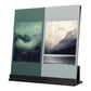 Black acrylic record display rack holding two vinyl album covers