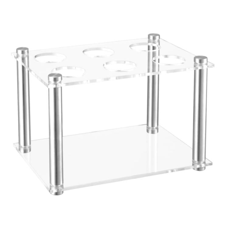 Square acrylic storage rack with stainless posts and open top for six bottles