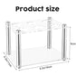 Square acrylic rack with stainless posts, product size dimensions shown