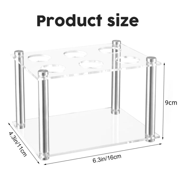 Square acrylic rack with stainless posts, product size dimensions shown