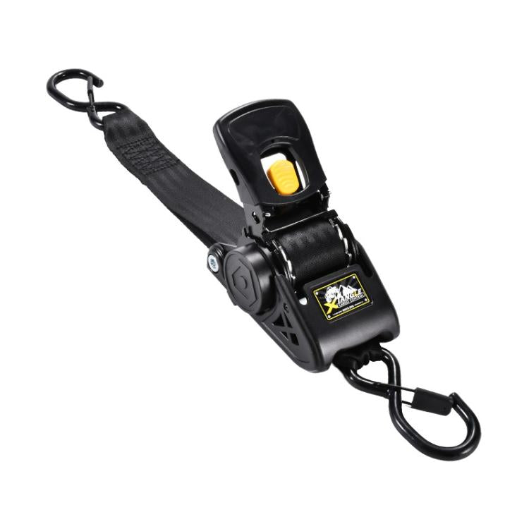 Black retractable tensioner tie-down strap with hook ends and yellow release button