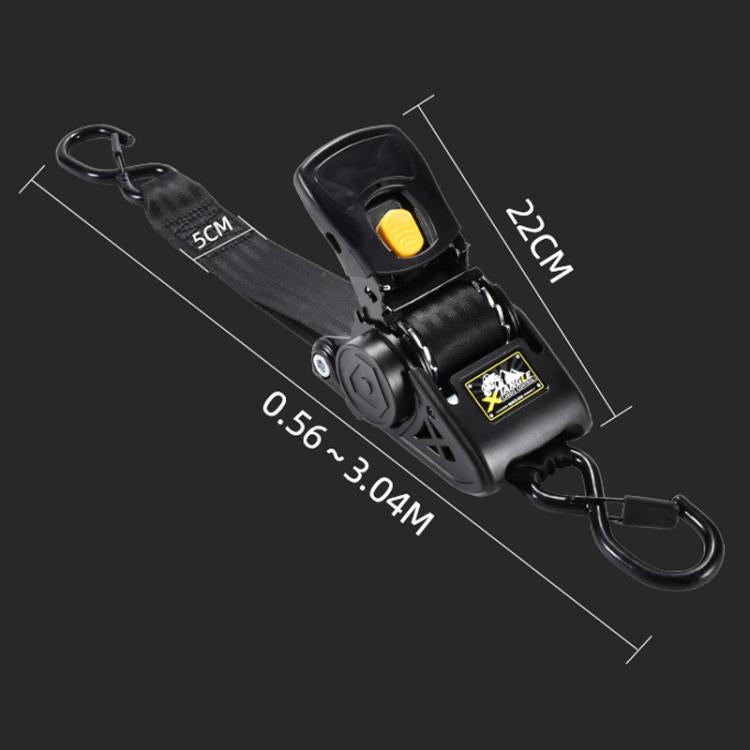 Black automatic retractable tie-down strap with hooks, yellow release button, steel body