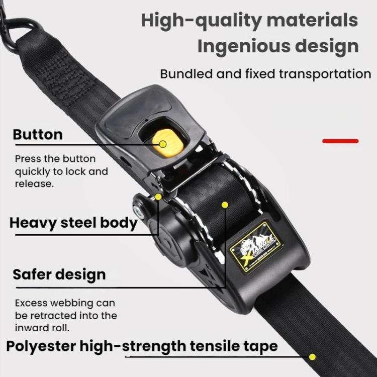 Black retractable tie-down tensioner with yellow release button and heavy-duty steel body
