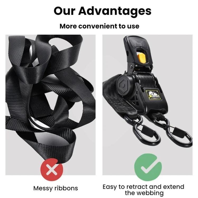 Black tie-down strap tensioner with retractable webbing coil and double hook ends
