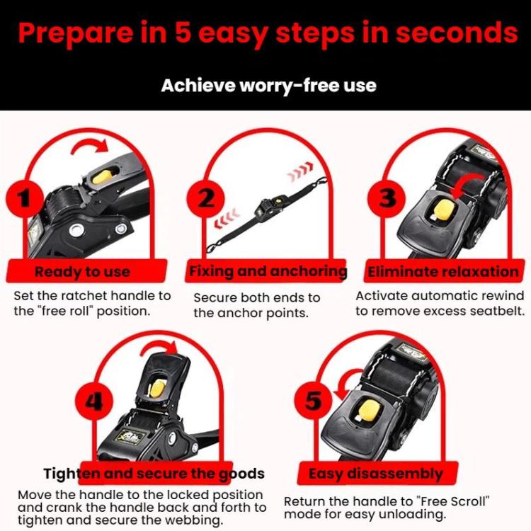 Black automatic tie-down strap tensioner with hooks and yellow lock-release button