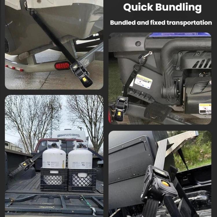 Black retractable tie-down strap tensioner attached to vehicle cargo with two hooks