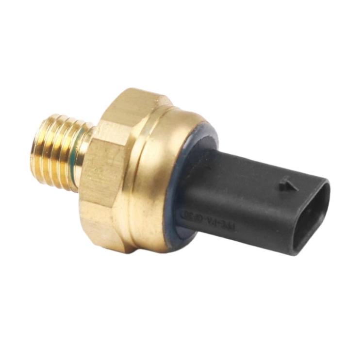 Oil pressure sensor with brass body, threaded port, blue seal ring, and black cable connector.
