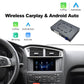 Car dashboard head unit showing CarPlay and Android Auto apps on touchscreen