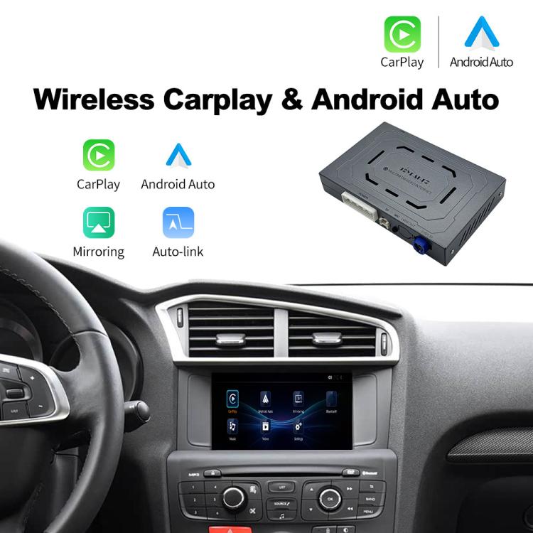 Car dashboard head unit showing CarPlay and Android Auto apps on touchscreen