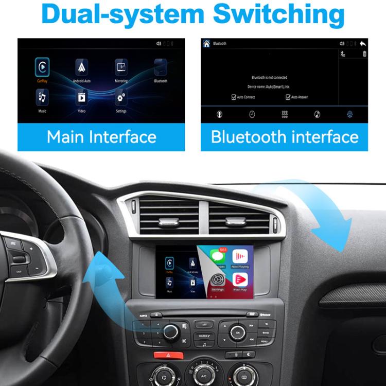 Car head unit displaying main interface and Bluetooth interface screens with dashboard controls
