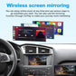 Car head unit screen showing wireless screen mirroring video with audio controls