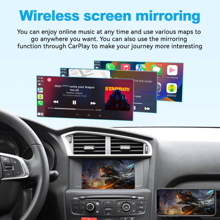 Car head unit screen showing wireless screen mirroring video with audio controls