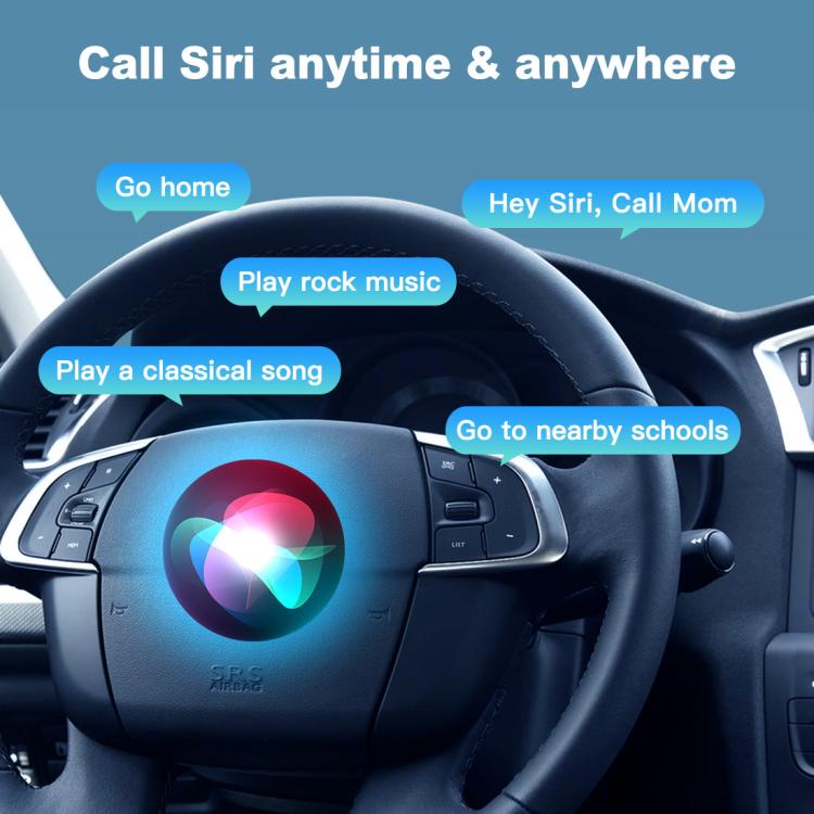 Steering wheel and dashboard with Siri-style voice assistant prompts on screen