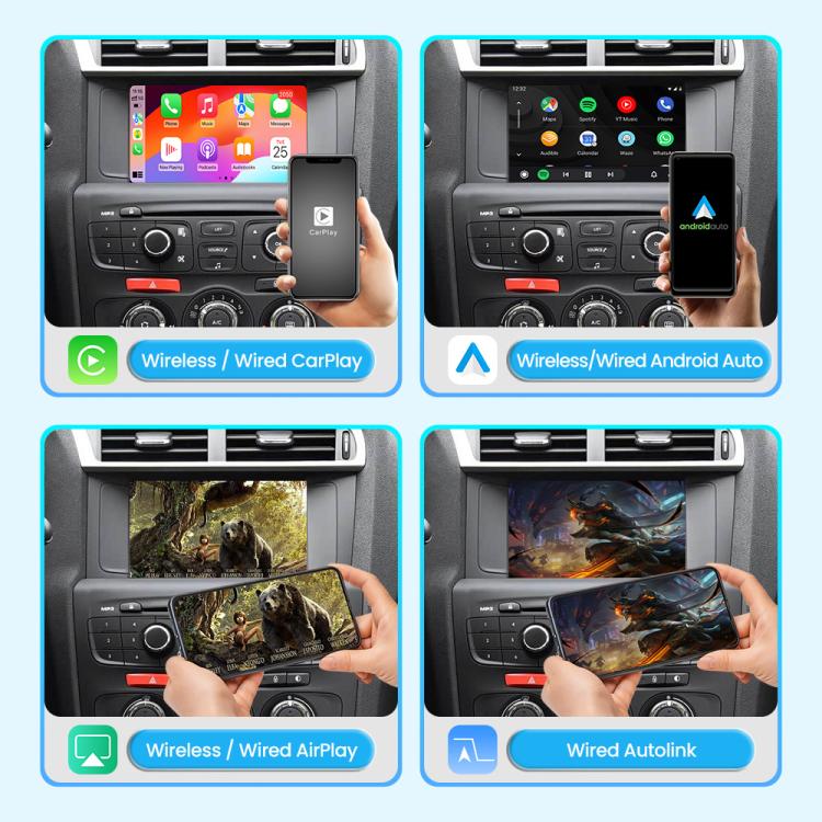 Car head unit with phone connection options: wireless and wired CarPlay and Android Auto