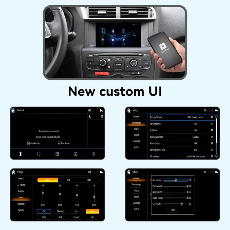 Car head unit with custom UI settings screens and smartphone connected