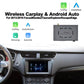 Car dashboard with in-dash infotainment screen showing app icons and navigation UI.