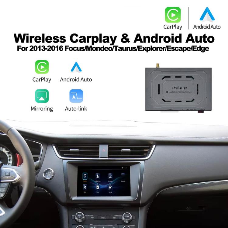 Car dashboard with in-dash infotainment screen showing app icons and navigation UI.