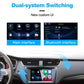 Car center screen showing dual-system interface, with Bluetooth menu on display.