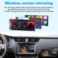 Car center console screen showing wireless screen-mirroring previews of app windows.