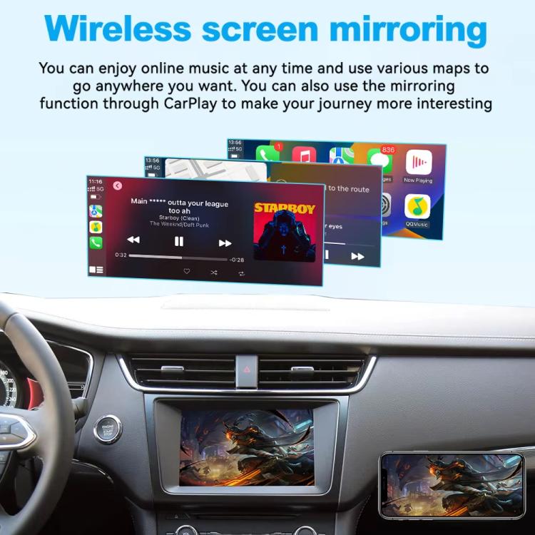 Car center console screen showing wireless screen-mirroring previews of app windows.