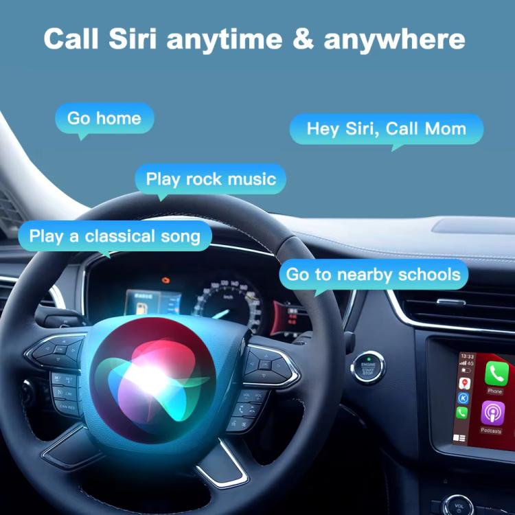 Car interior view with steering wheel and center display showing colorful voice assistant UI.