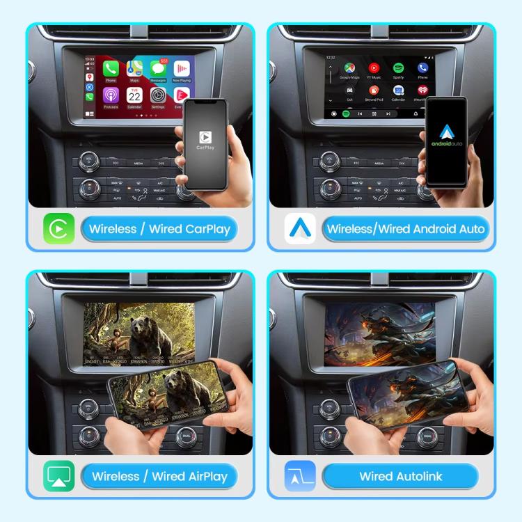 Car infotainment screens with connected smartphone for wireless and wired media features.