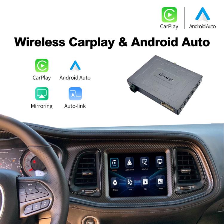 Wireless CarPlay/Android module connected to Jeep dashboard with icons on infotainment screen