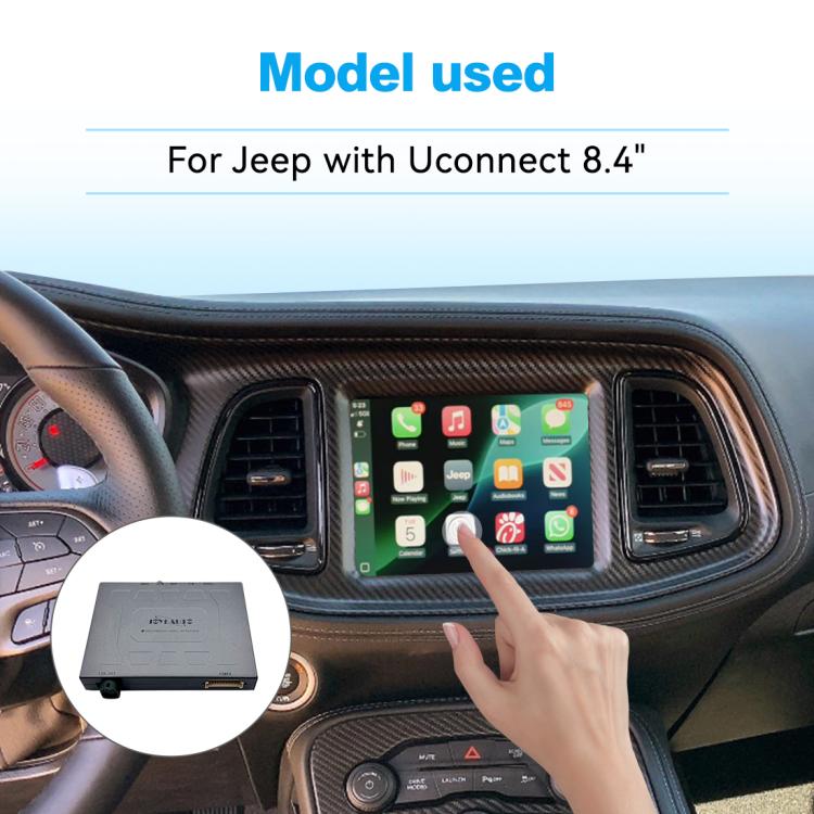 Wireless CarPlay/Android module shown inset beside Jeep Uconnect screen and hand control
