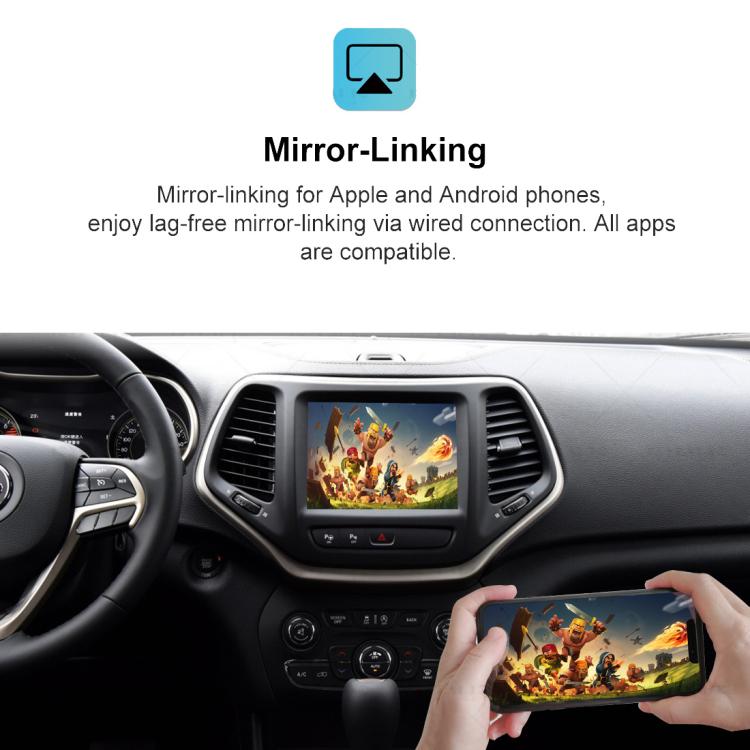 Mirror-link wireless display on car infotainment screen with phone showing content