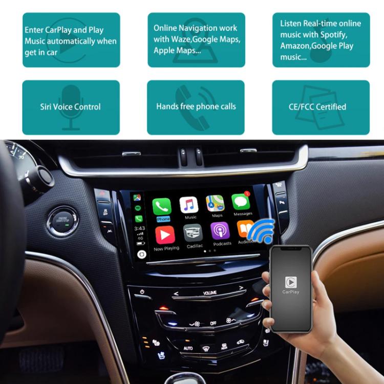 Smartphone held near in-car display showing app icons on a connected screen