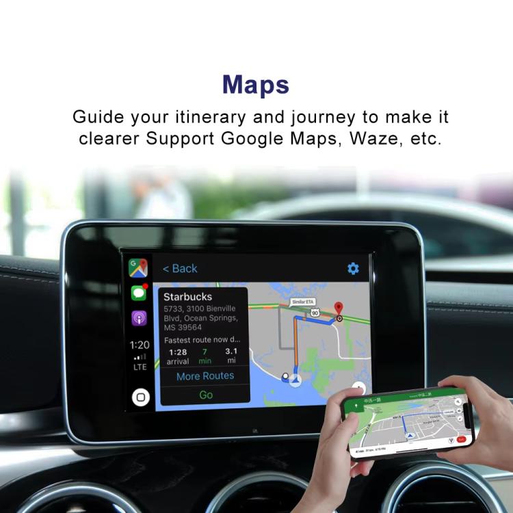 In-car navigation screen with a map interface and a smartphone in hand