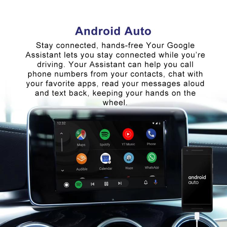 In-car display showing Android Auto app icons with a connected phone