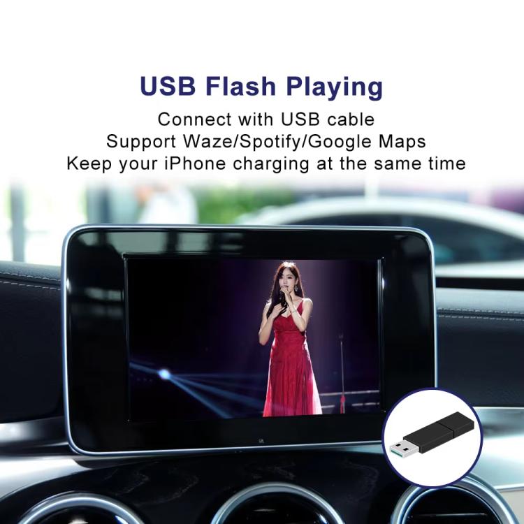 In-car display playing video with a USB flash drive connection shown