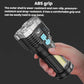 Handheld portable LED flashlight with blue controls and front yellow LED, dark gray body