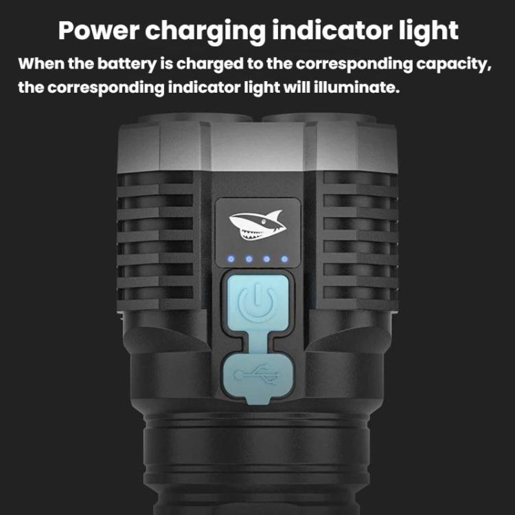 Portable LED flashlight head with blue power and charging indicator icons