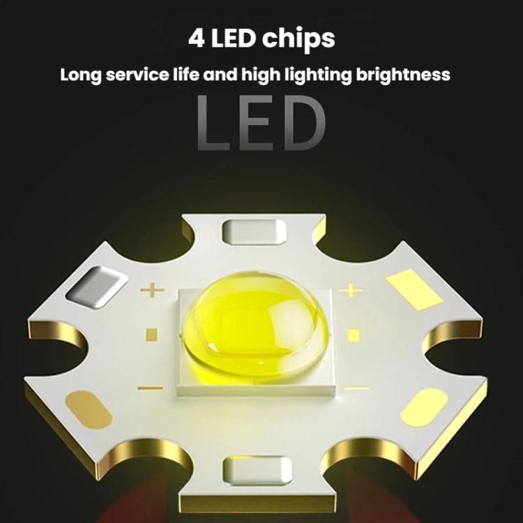 LED flashlight front detail showing yellow four-chip emitter under the lens