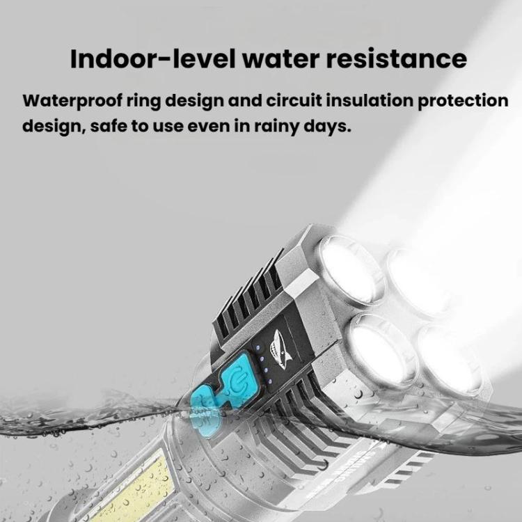Water-resistant portable LED flashlight with splash-proof design around the head