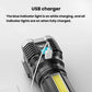 Portable LED flashlight charging via USB cable with illuminated yellow front LED