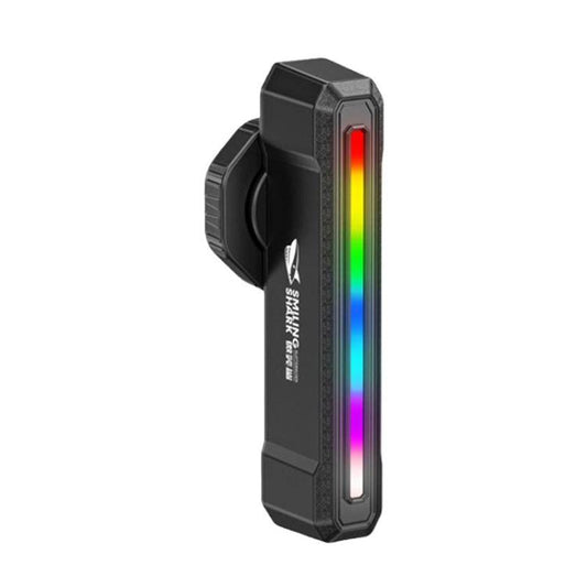 Black bike taillight with vertical multi-color warning light bar and clip mount