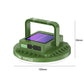 Green solar camping light with shark-style handle and folding frame, larger portable lamp