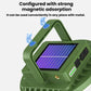 Green solar camping light with magnetic attachment feature and angled stand