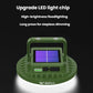 Solar-powered camping light with green housing and glowing solar panel, dimming buttons