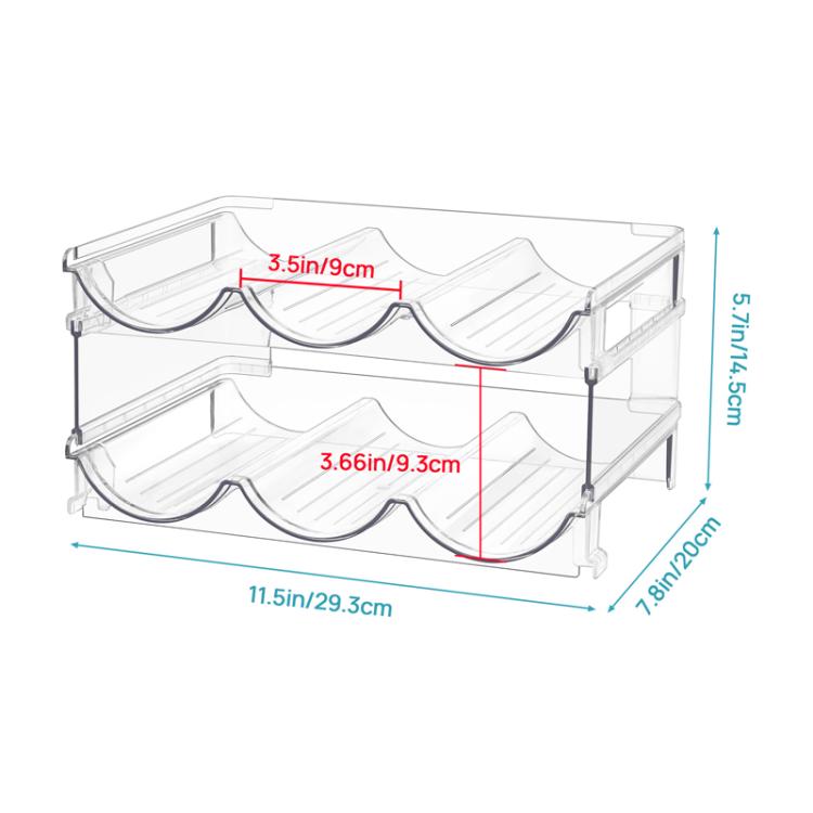 Clear stackable bottle storage rack with curved cradles and side support bars